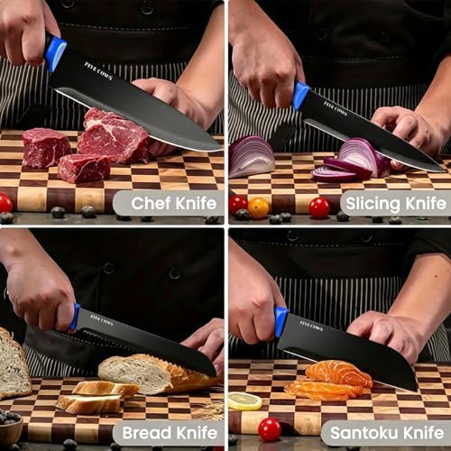 14 Pcs Kitchen Knife Block Set with Sharpener German High Carbon Stainless Steel Chef Knives, Razor-Sharp & Durable, Lightweight Anti-Slip Handle, Professional Set for Home & Kitchen (Blue)