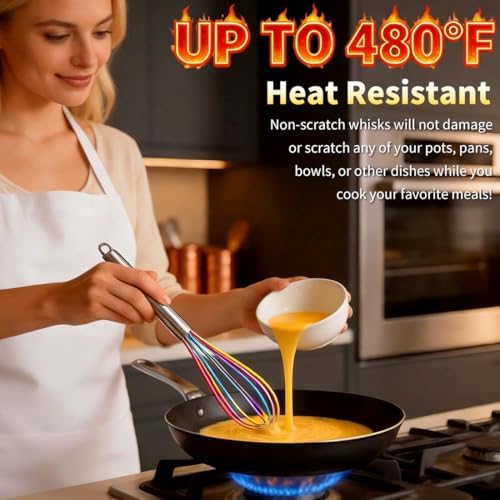 Silicone Whisk Set,Stainless Steel Handle Whisk 8" 10" 12" Rubber Whisks Cooking Non Scratch High Heat Resistant,Balloon Egg Beater for Whisking,Beating,Blending Ingredients,Mixing Sauces,Rainbow