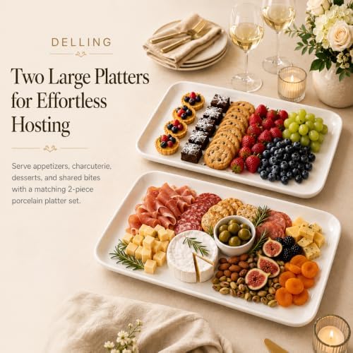 DELLING 18 Inch Large Serving Platter Set of 2, White Porcelain Serving Trays 18" x 12.3", Rectangular Platters for Turkey Fruit Appetizer Party, Oven Microwave Dishwasher Safe, Wedding Entertaining