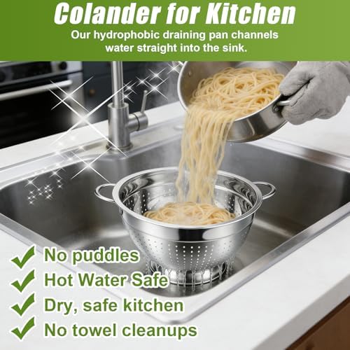 Palksky Stainless Steel Colander Set of 3, Nesting Metal Strainers with Handles and Raised Base, 7/8.7/11 Inch Kitchen Colanders for Pasta, Vegetables, Fruit, Rice, Salad and Meal Prep