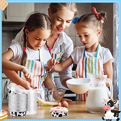 Yinder 120 Pcs 8 oz Disposable Creme Brulee Ramekins with Lids, 4 Inch Mini Pie Tins Aluminum Foil Pie Tart Cake Baking Pans Individual Round Containers Oven Safe for Xmas, Party(Cow Print)