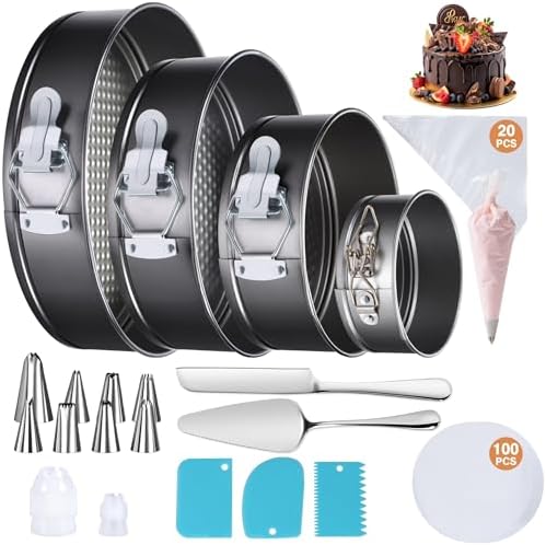 139PCS Springform Cake Pan Set - 4 Non-stick Cheesecake Pans(4/7/9/10-Inch) + Cake Decorating Supplies: Parchment Paper, Pastry Bags and Tips, Icing Scrapers, Cake Cutting Set & More