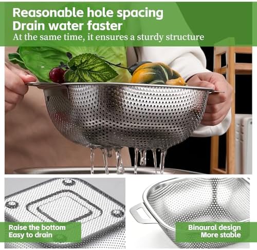 6QT stainless steel filter pot with handle - square metal kitchen filter, used for draining spaghetti and vegetables, microporous high foot, dishwasher washable, gift box packaging (6QT)
