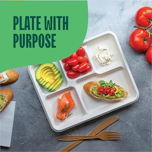 100% Compostable 5-Compartment Tray [125-Pack] Heavy Duty Bagasse Plates