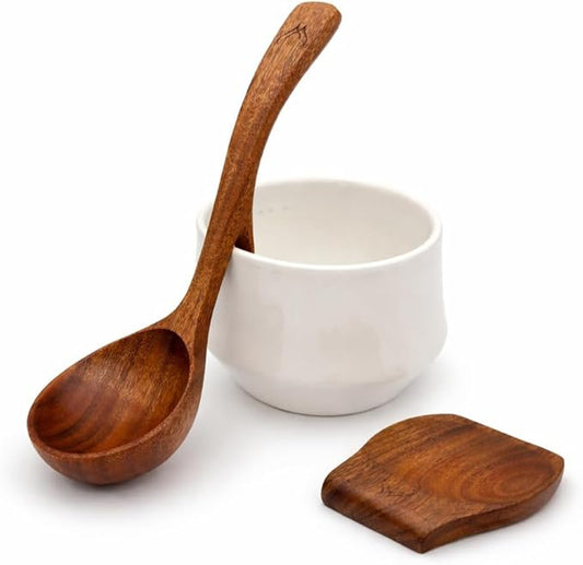 2Pcs Wooden Ladle Set included Teak Wood Soup Spoons with Hook Handles for Cooking wih Large Spoon Rest, Serving, Stirring – Non-Stick Wooden Spoons for Pot & Bowl