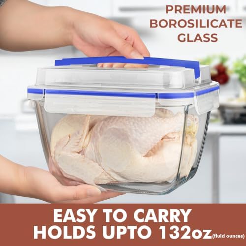 Razab 17 Cups / 132 Oz / 3900ml Large Glass Food Storage Containers with Lids - Leakproof, BPA-Free Large Meal Prep Container Ideal for Roasting Turkey, Store Leftover - Microwave & Oven Safe