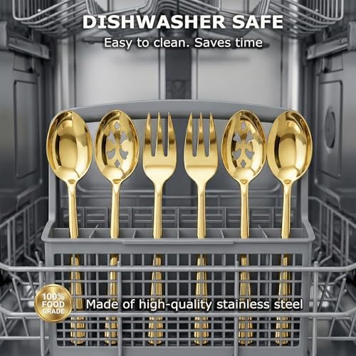 Serving Spoon x 2,Slotted Serving Spoon x 2,Serving Forks x 2,RTT 9 Inch Stainless Steel Catering Serving Utensils for Party Buffet Dinner Banquet Kitchen Basics (Golden Titanium Finish)