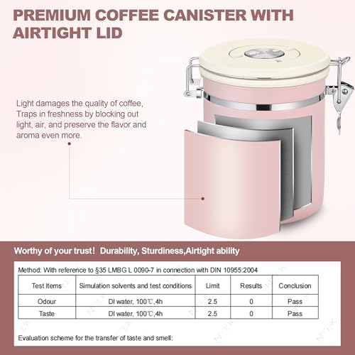 ShanSon Coffee Canister Airtight, Stainless Steel Bean Storage Container with Date Tracker & Scoop, Grounds Sugar Flour Tea Cereal Fits Kitchen Pantry, Ideal Gift for Coffee Lovers,22oz, Pink