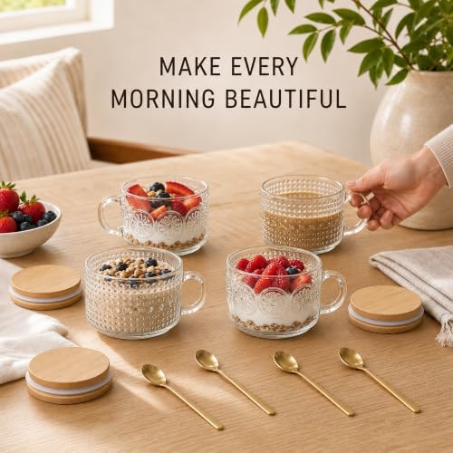 JBHO Vintage Glass 14OZ Coffee Mugs 4pcs Clear Embossed Glass Cups with Bamboo Lids and Spoons Gifts for Women Overnight Containers for Tea,Cereal,Cappuccino, Latte