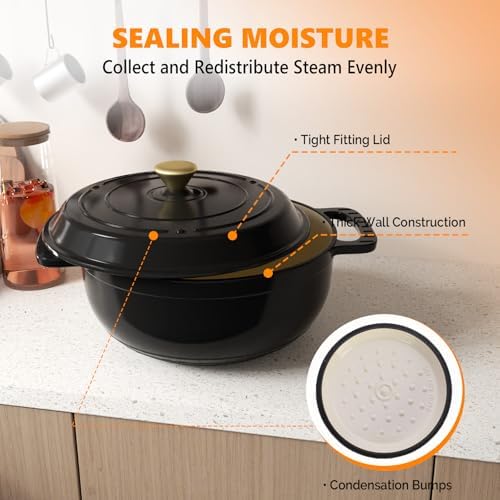 Bonnlo 7.5QT Round Dutch Oven, Enameled Cast Iron Dutch Oven Pot with Lid & Dual Handles, Oven Safe Up to 500° F, for Sourdough, Bread Baking, Stews and Roasting (Black)