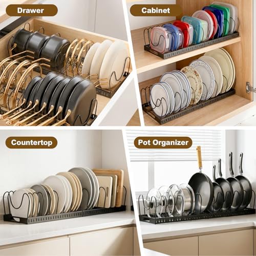 NomNest 2PACK Expandable (12"-24") Pots and Pans Organizer Under Cabinet with 32 Adjustable Dividers for Kitchen, Pot Lid Organizers Inside Cabinet, Pan Lid Holder