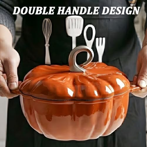 4-Quart Cast Iron Pumpkin Dutch Oven with Lid, Dual Handle, Stew Pot, Serves 3-5, Great for Stews, Casseroles, Halloween Thanksgiving Decorative Gift,Orange
