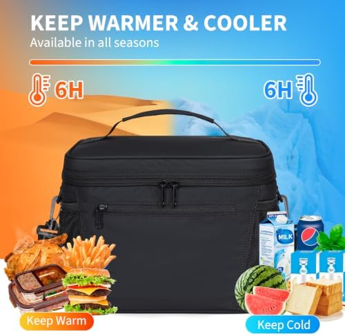 NOL Insulated Lunch Bag for Women Men Adults, Reusable Lunch Tote with Adjustable Shoulder Strap, Leakproof Thermal Food Cooler Bag with Front Pocket and Side Mesh Pockets for Work Travel, Black