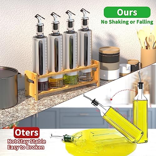 SINYWAY Oil Dispenser Bottle, 4 Pack Glass Olive Oil Dispenser Bottle with Shelf, 17oz/500 ml Oil and Vinegar Dispenser Set Wrapped in Stainless Steel Shell with Pourers, Funnel & Pen and Tags