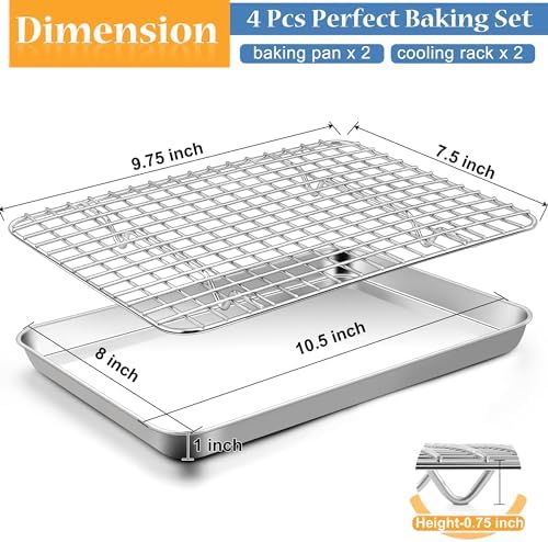 TeamFar Cookie Sheets with Cooling Racks, 2 Pans + 2 Racks, 10.5x8x1 Inch