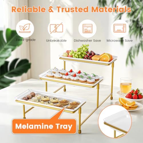3 Tier Serving Tray, 15" Steel Stand, BPA Free Tiered Platter, Gold