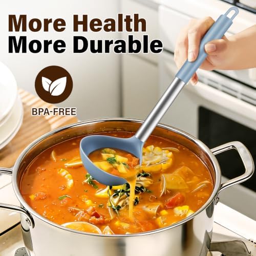 3Pcs Silicone Cooking Spoon Set, Kitchen Utensils Include Solid & Slotted Spoon, Soup Ladle, Food-Grade Heat Resistant 446°F, Non-Scratch Spoons for Serving, Stirring, Draining, Dishwasher Safe, Blue