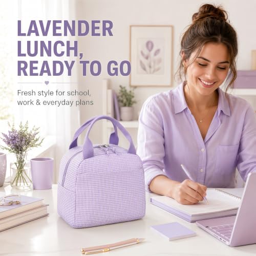 Bluboon Lunch Box for Women Cute Lunch Bag Reusable Insulated Lunch Bags Large Capacity Lunchbox Cooler for Work Picnic or Travel Gifts (Purple White checker, 10 x 7.5 x 8 inches)