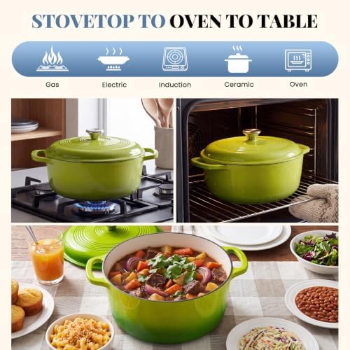 DUMOS Cast Iron Dutch Oven, 6 Quart Pot with Lid, Enameled Heavy Duty Cookware, Oven Safe to 500°F, Perfect for Bread Baking, Stews and Roasting, Moisture Sealing Lid with Dual Handles, Light Green