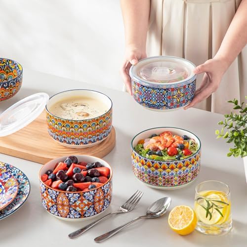 vancasso SIMI 36 oz Ceramic Bowls with Lids Set of 4,Bohemian Serving Bowl