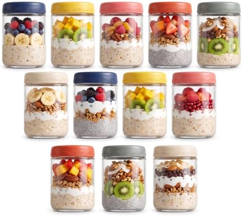 16oz 12-Pack Overnight Oats Jars with Lids,Glass Airtight Food Storage Containers Mason Jars, Glass Yogurt Jars with lids for Sugar Pudding Sugar Salad (G-16oz 12-pcs)