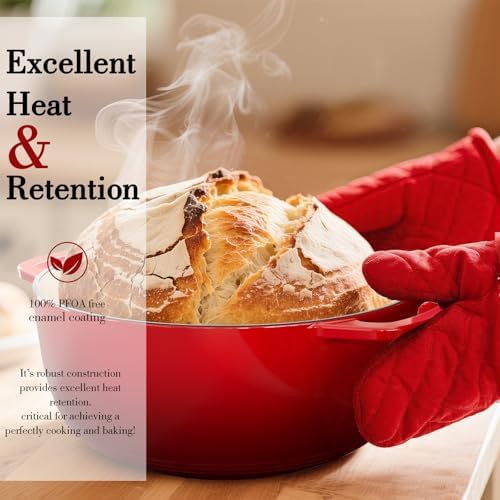 Umite Chef 6QT Enameled Cast Iron Dutch Oven with Lid, Versatile Heavy-Duty Cookware Pot for Baking Bread, Braising, Soups & Stews, Oven & Stovetop Safe with Heat Resistant Gloves（Red）