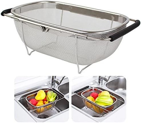 AJIODA Over The Sink Colander, 4 Quarts Stainless Steel Oval Colander with Expandable Rubber Grip Handle, Fine Mesh Strainer Baskets Kitchen Colanders for Strain, Drain, Rinse Vegetable, Fruits, Black