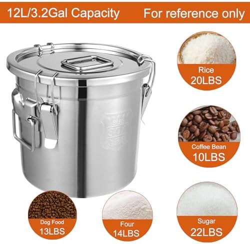 DYNAMI 304 Stainless Steel Airtight Canister for Kitchen, 3.2Gal/405oz Flour Container with Lid and Locking Clamp,10-21Lbs Metal Bucket Food Storage Container for Rice, Flour, Grain, Coffee Bean(12L)