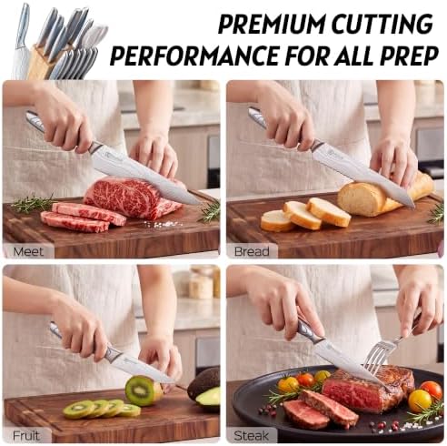 PAUDIN Knife Set, 14 Piece Knife Block Set with Unique Water Ripple Handles