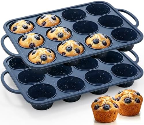 Vinino 2 Pack 12 Cups Silicone Muffin Pan with Stainless Steel Frame - Blue