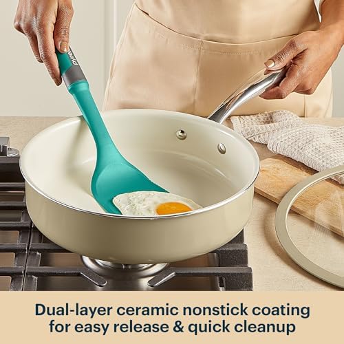 Pyrex 10.8-Inch Deep Fry Pan Ceramic Cookware with Lid & Handles