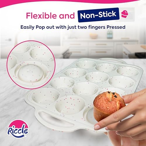 RICCLE Silicone Muffin Pans for Baking with Metal Reinforced Frame, 12-Cup Cupcake Pan, 2 Pcs Muffin Trays for Cupcake Baking, Tray Molds, Oven & Dishwasher Safe, BPA-Free (2 x Standard)