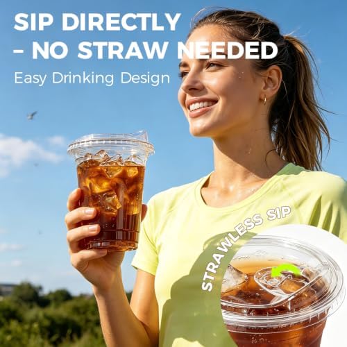 Ginkgo 100 Pack 16 oz Clear Plastic Cups with Strawless Sip Lids