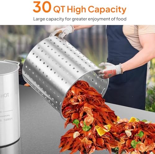 Bonnlo 30QT Aluminum Stock Pot for Boiling Seafood, Crawfish & Crab, Frying Turkey & Steaming Tamales, Large Boil Pot with Strainer Basket, Lid, Lifting Hook & Steamer Rack for Outdoor Cooking