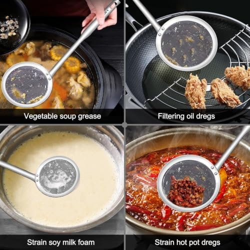 Walfos Fat Skimmer Spoon, Stainless Steel Fat skimmer For Cooking, 3", 4" & 5 inch fine mesh skimmer, Food Strainer Fit For Separation Of The Floating Foam, Fat, Grease, Set of 3