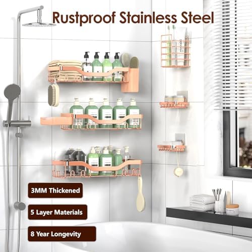 NESOMI Shower Caddy Adhesive Shower Organizer 8-Pack, Rustproof Stainless Steel Bathroom Shelves, Large Capacity No-Drill Rack Storage Accessories with Soap Dish Toothbrush Holder Hooks