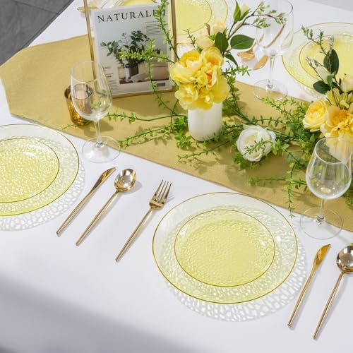 Rubtlamp 60Pcs Yellow Gold Plastic Plates, Yellow Disposable Plates With Gold Rim, Clear Heavy-duty Party Supplies, Hammered Plastic Plates Include 30 Dessert Platos, 30 Dinner Platos for Party