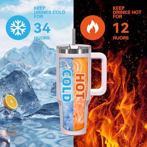30 oz Tumbler with Handle,Tumbler with Lid and Straw,Double Wall Insulated Cup Stainless Steel Travel Mug(Cold for 34 Hours),Water Bottle for Iced Tea,Coffee,Cold Beverages(Rose Quartz)