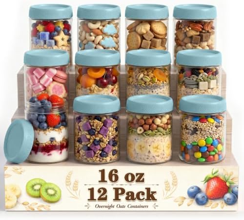 Mason Jars 16oz with Lids, Overnight Oats Container, Glass Storage Jars