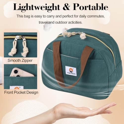CaCTOUR Large Lunch Box for Women, Cute Lunch Box Cooler Bag, Portable Insulated LunchBox Reusable Corduroy Lunch Tote for Work/Travel/Picnic (Lake Green)