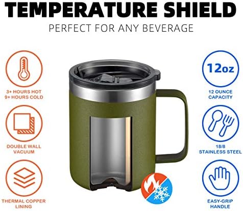 12 oz Insulated Travel Coffee Mug with Handle, Army Green