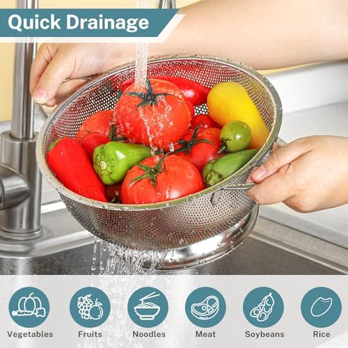 Pleafind Colander for Kitchen - 5 QT & 3 QT Stainless Steel Strainer with Handle, Kitchen Strainer Colanders Bowl for Pasta, Noodles, Spaghetti, Vegetables and Fruits, Rust-Resistant & Dishwasher Safe