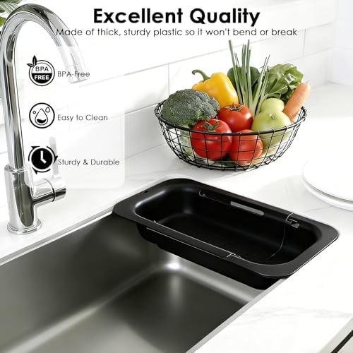 Extendable Colander Strainer Basket, Over the Sink Colander and Strainer for Kitchen, Wash Vegetables and Fruits, Drain Pasta and Dry Dishes, Adjustable Colander from 13.5In to 18.7In, Black