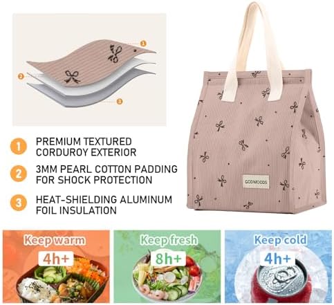TELLUMO Corduroy Insulated Lunch Bag, 7.75L Large Capacity Reusable Lunch Box, Cute Lunch Tote for Women Men, Leakproof Lunch Cooler for Work Picnic Travel (Corduroy Pinkbow)