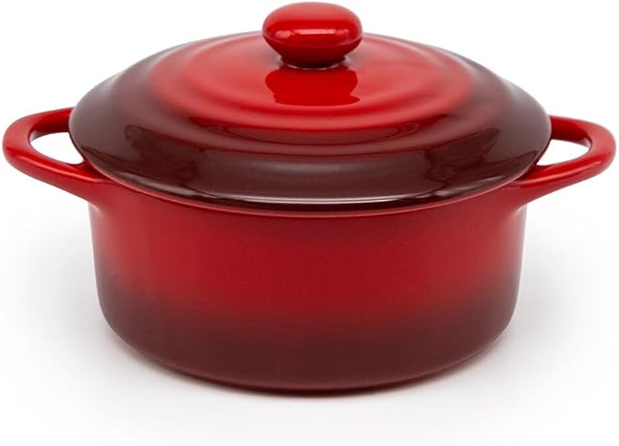 Kook Ceramic Mini Cocotte Set, Small Casserole Dishes with Lids and Handles, Individual Baking Ramekins, Oven safe 350F, Microwave & Dishwasher Safe, Stoneware, 12 oz, Set of 4, (Crimson Ombre)