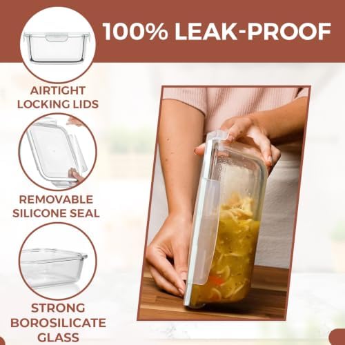 Razab 6.5 Cups / 52 Oz 4 Piece (2 Containers + 2 Lids) Glass Food Storage Containers Set with Airtight Locking Lids - For Storing, Baking & Serving BPA Free, Leakproof - Microwave, Freezer & Oven Safe
