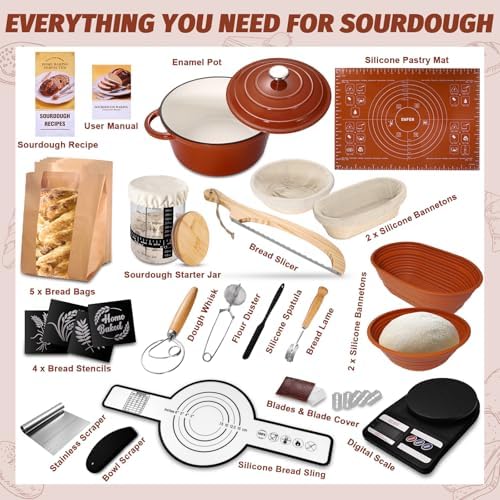 EWFEN Sourdough Starter Kit with Enamel Cast Iron Pot, Complete Sourdough Bread Baking Supplies, Round & Oval Bread Proofing Basket with 34 Oz Starter Jar, Bread Making Tools Kit