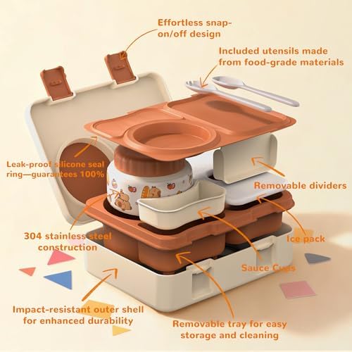 Kids Bento Lunch Box with Food Jar, Water Bottle, Lunch Bag, Brown