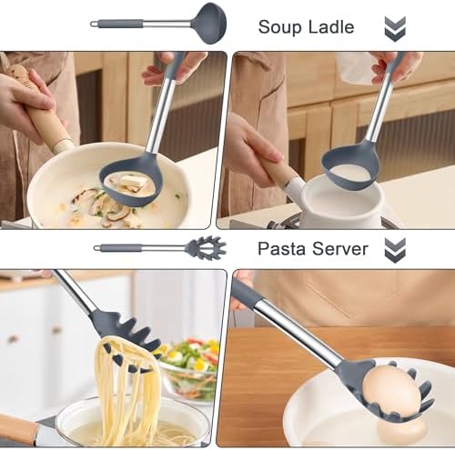 TeamFar Silicone Pasta Fork and Ladle, Nonstick Kitchen Utensils, Gray