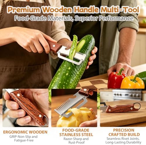 2 Pcs 3-in-1 Multifunctional Vegetable Peele, New Multifunctional Stainless Steel Fruit Peeler with Wooden Handle, Tool for Kitchen